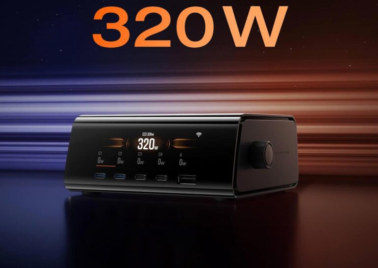 Vue d’ensemble du chargeur EcoFlow RAPID Pro 320W affichant ses cinq ports et sa batterie sur le dessus