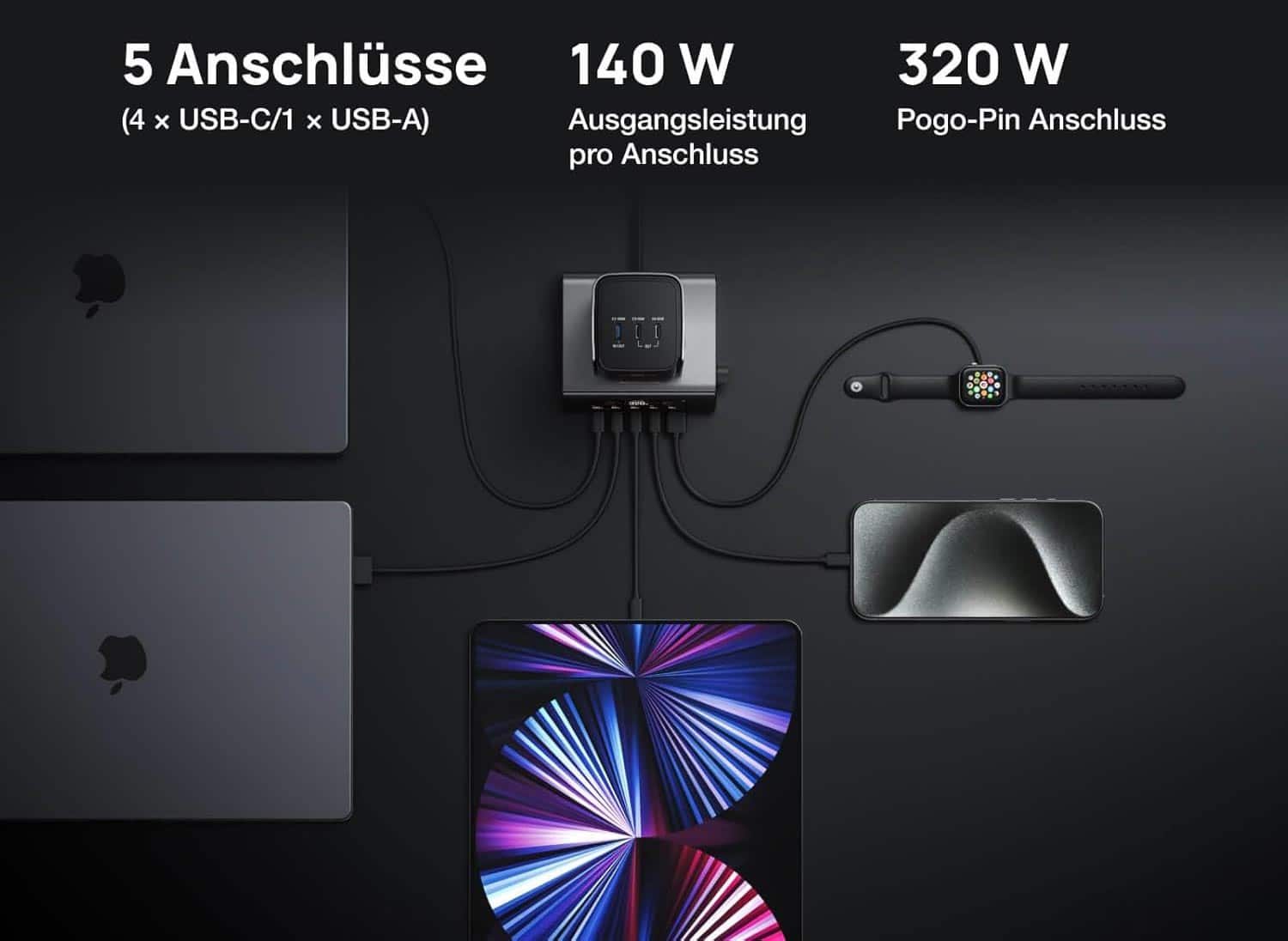 Chargeur EcoFlow RAPID Pro délivrant 60 W avec tous les ports utilisés et une batterie externe connectée