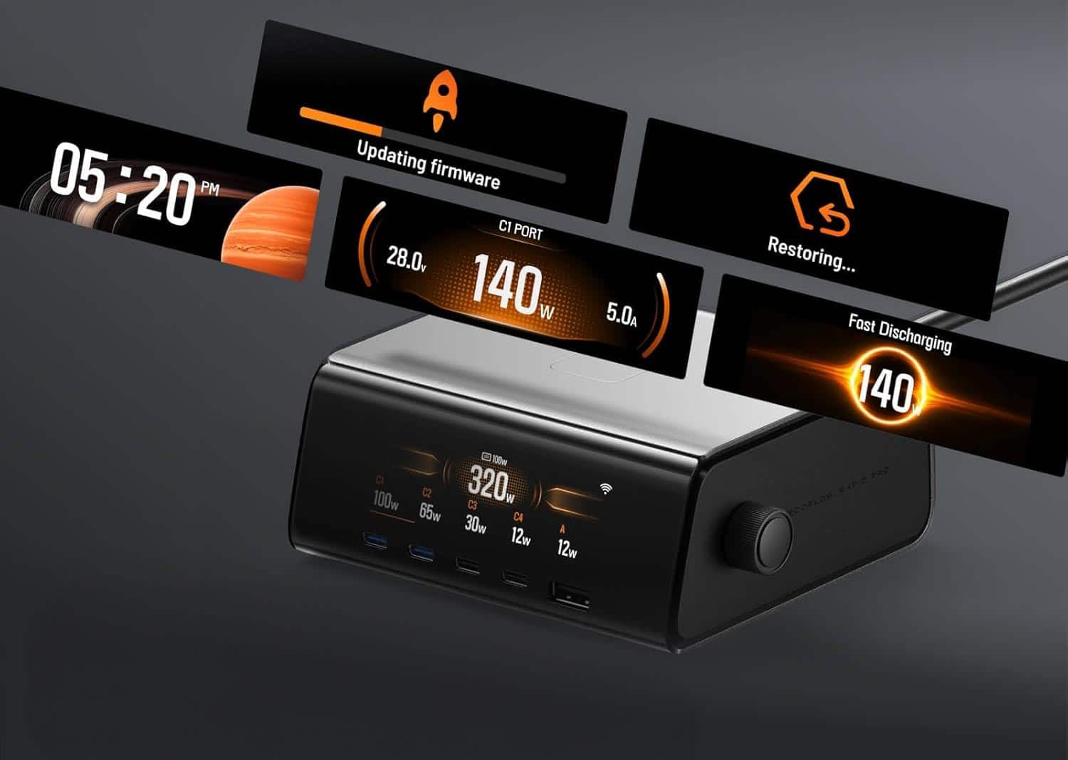 Écran LCD du chargeur EcoFlow RAPID Pro affichant la puissance de sortie et connecté à l’application EcoFlow