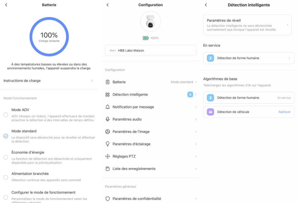Captures d’écran de l’application Ezviz montrant les réglages et le contrôle de la caméra HB8 Pro 4K