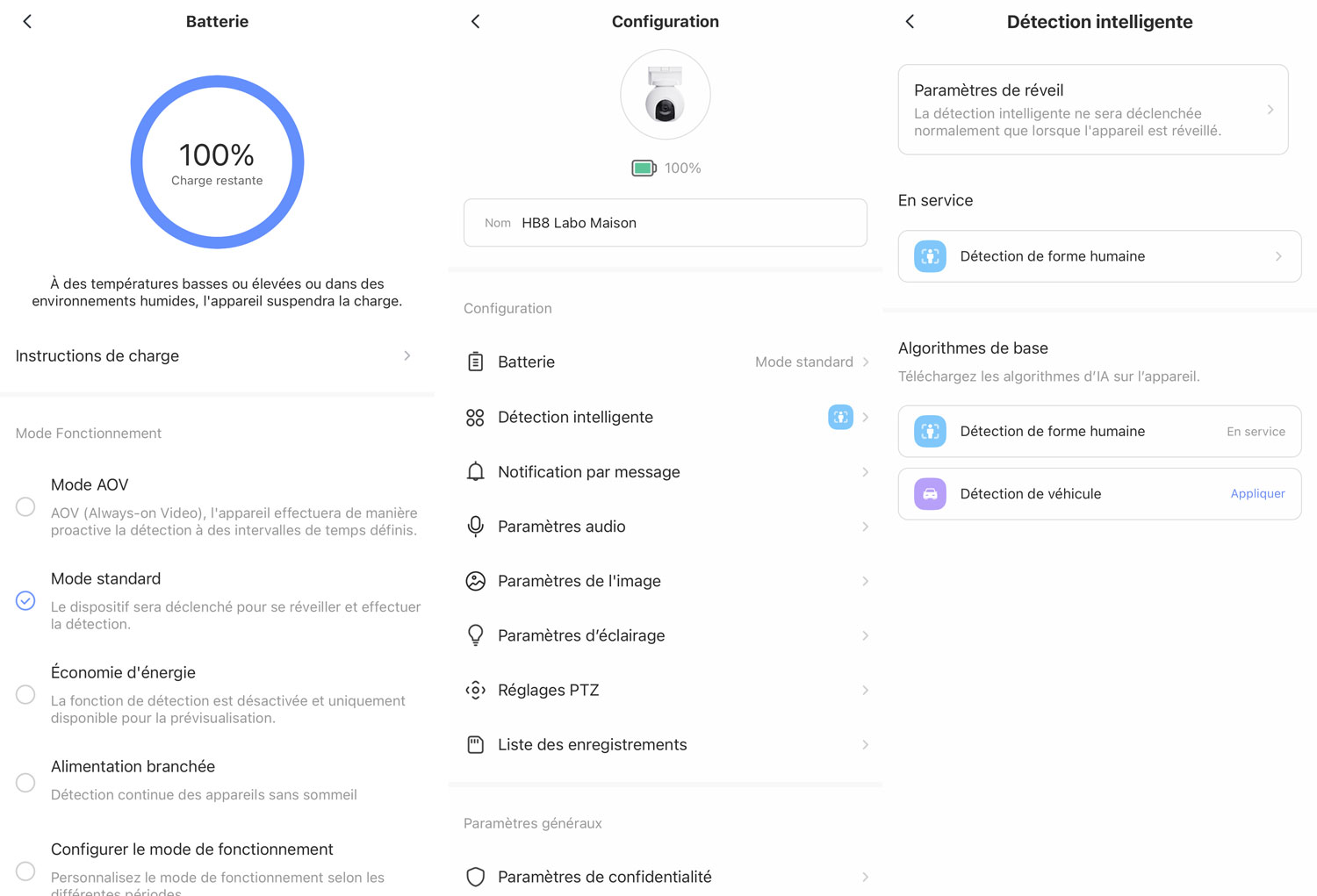 Captures d’écran de l’application Ezviz montrant les réglages et le contrôle de la caméra HB8 Pro 4K