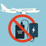 Avion et batterie externe avec symbole d’interdiction illustrant l’interdiction d’utiliser les power banks pendant les vols.