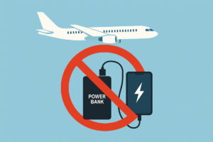 Avion et batterie externe avec symbole d’interdiction illustrant l’interdiction d’utiliser les power banks pendant les vols.