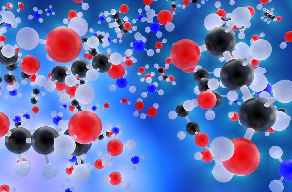 Illustration symbolique de molécules représentant la pollution chimique des PFAS