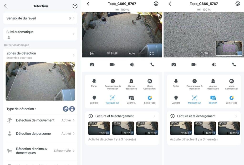 Interface de l’application Tapo affichant une alerte de détection de mouvement