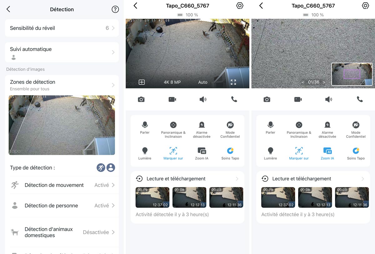 Interface de l’application Tapo affichant une alerte de détection de mouvement