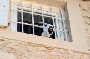 Caméra Tapo C660 Kit fixée à proximité d’une fenêtre pour la surveillance extérieure