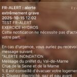 Notification FR-Alert affichée sur un smartphone lors du test d’alerte inondation HYDROS 2025 en Île-de-France