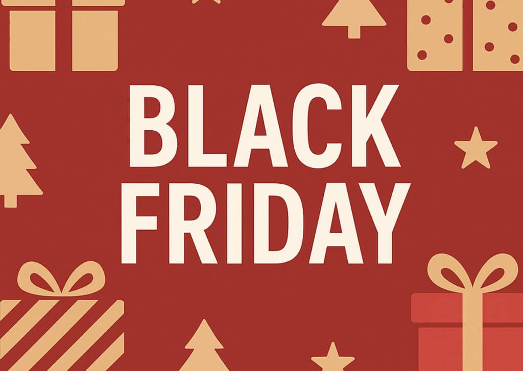 Black Friday sur fond rouge avec cadeaux et décorations de Noël stylisées