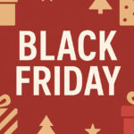Black Friday sur fond rouge avec cadeaux et décorations de Noël stylisées