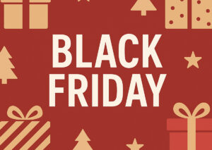 Black Friday sur fond rouge avec cadeaux et décorations de Noël stylisées