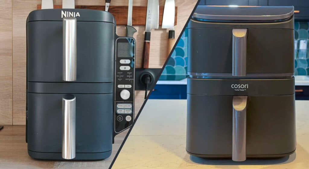 Airfryers au format tour côte à côte : à gauche le Ninja Double Stack XL, à droite le Cosori Turbo Tower Standard.