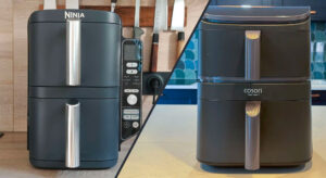 Airfryers au format tour côte à côte : à gauche le Ninja Double Stack XL, à droite le Cosori Turbo Tower Standard.