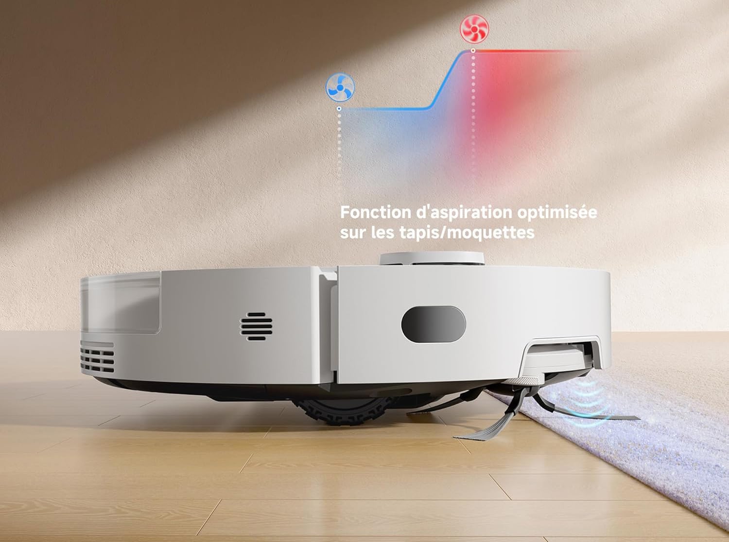 Aspiration du Dreame D20 Pro Plus sur tapis avec augmentation automatique de la puissance