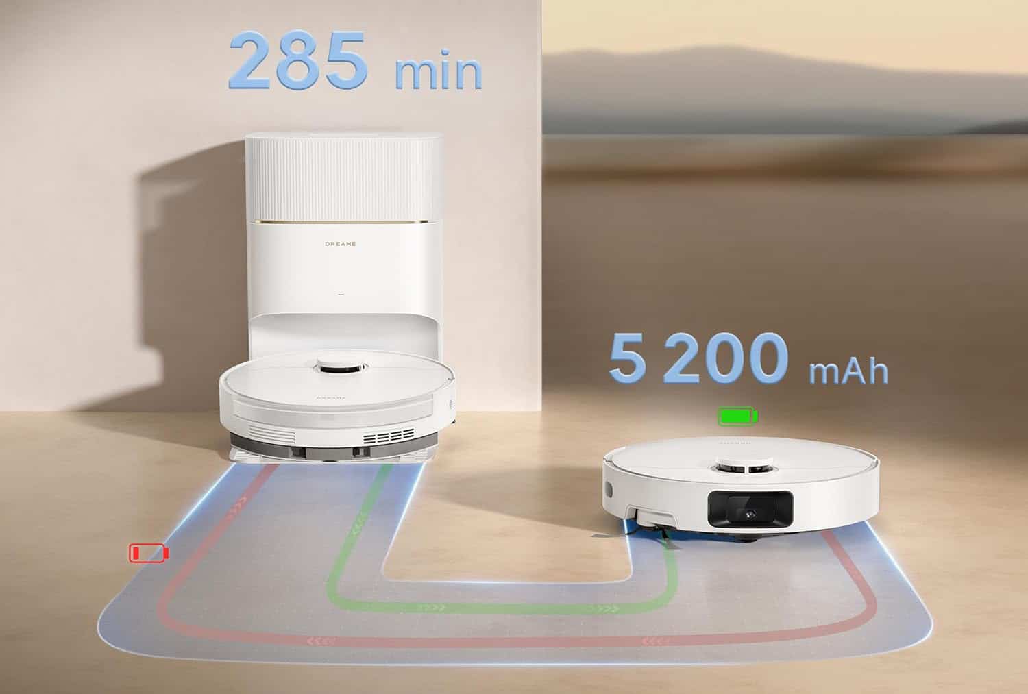 Autonomie jusqu’à 285 minutes avec la batterie 5200 mAh du Dreame D20 Pro Plus