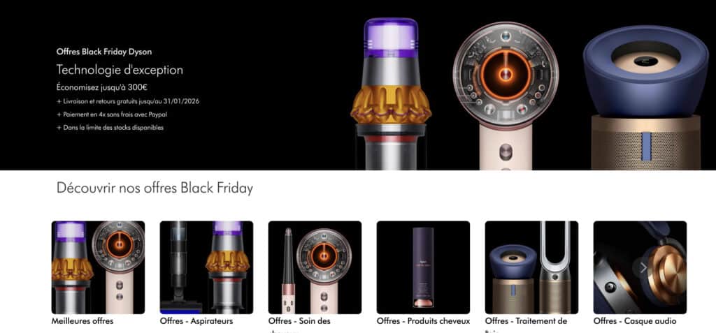 Visuel de produits Dyson mis en avant pour le Black Friday et le Singles Day 2025.