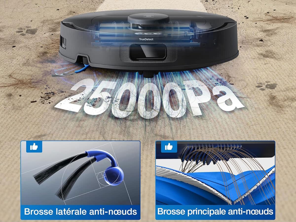 Robot aspirateur Ecovacs Deebot T30C Omni Gen 2 avec brosse principale anti-enchevêtrement et brosse latérale anti-nœuds ARClean