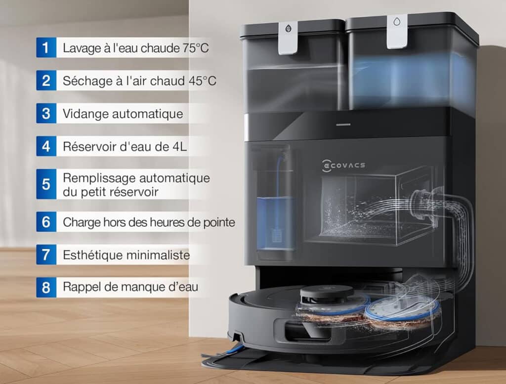 Station Omni du Ecovacs Deebot T30C Omni Gen 2 avec lavage, séchage et remplissage automatiques