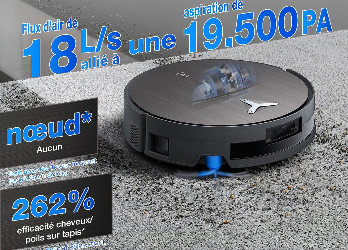 Ecovacs Deebot X11 Pro Omni avec brosse ZeroTangle 3.0 aspirant puissamment les poils et poussières.