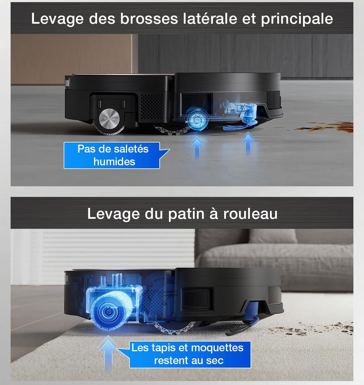 Deebot X11 Pro Omni relevant son rouleau de lavage et ses brosses pour éviter de mouiller les tapis.