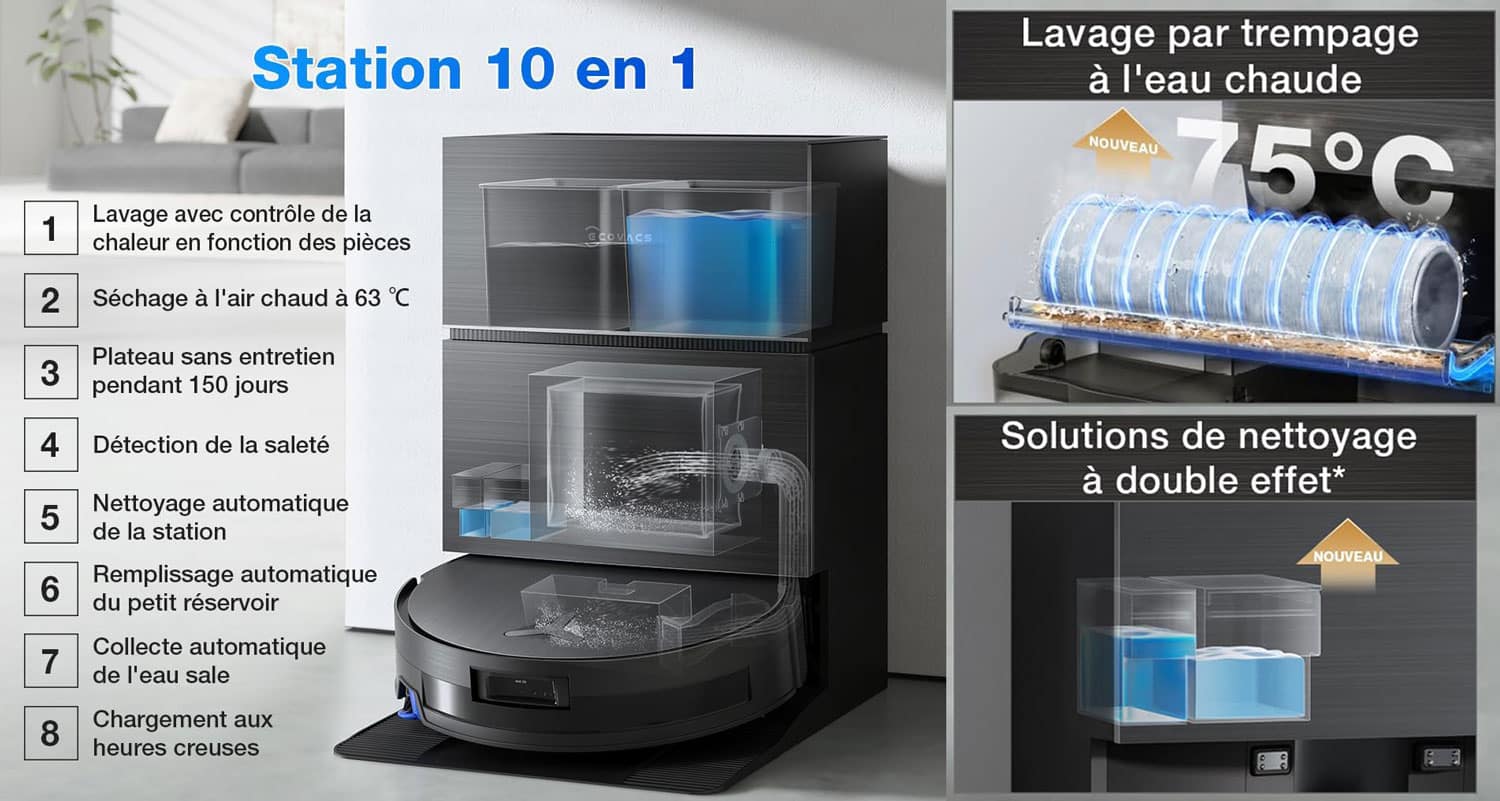 Station Omni du Deebot X11 Pro Omni avec lavage à l’eau chaude et sac à poussière antibactérien.