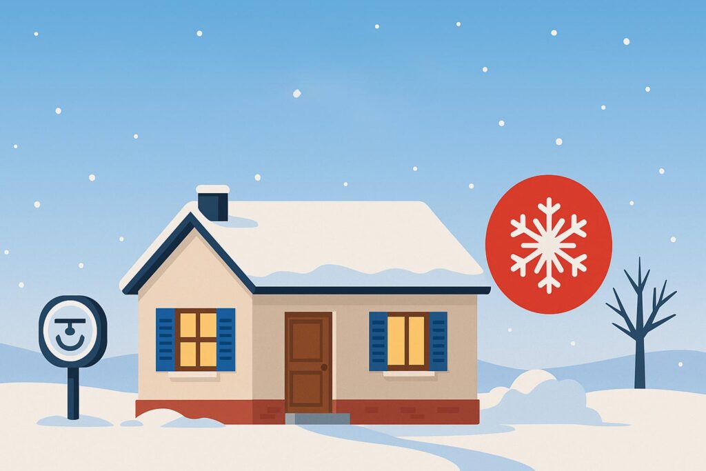 Maison enneigée avec compteur électrique et pictogramme rouge symbolisant les jours rouges Tempo d’EDF.