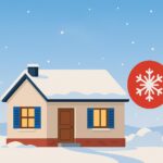 Maison enneigée avec compteur électrique et pictogramme rouge symbolisant les jours rouges Tempo d’EDF.