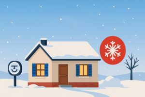 Maison enneigée avec compteur électrique et pictogramme rouge symbolisant les jours rouges Tempo d’EDF.