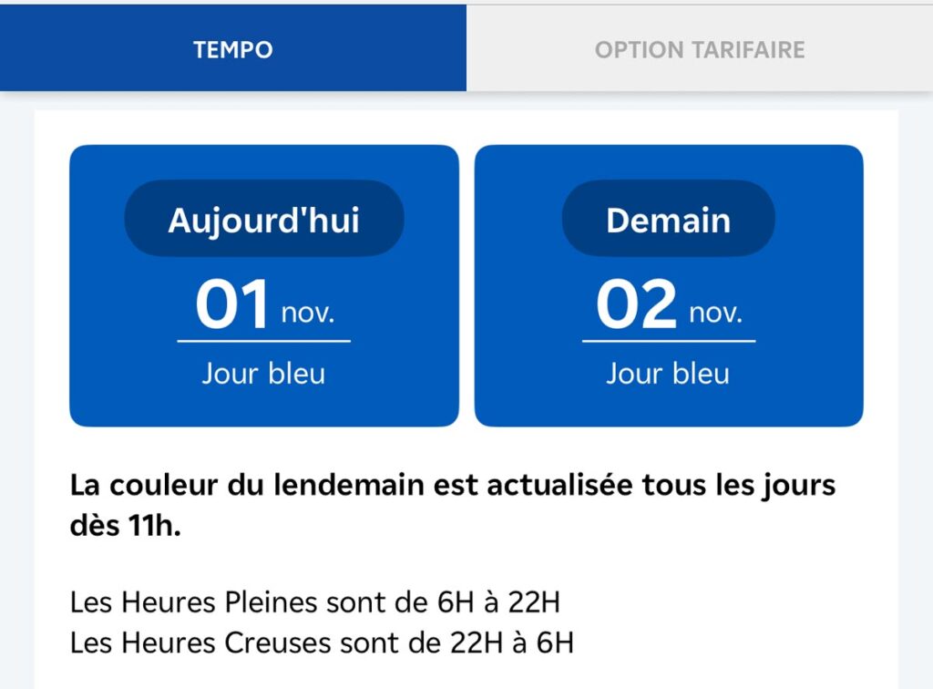 Capture d’écran de l’application EDF montrant les heures creuses Tempo de 22h à 6h
