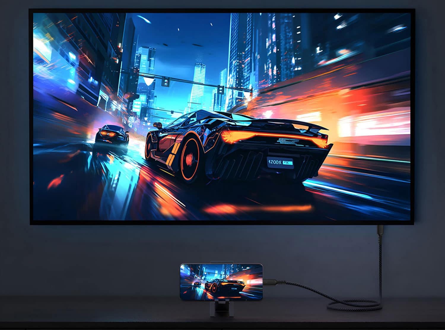 Câble Thunderbolt connecté à un ordinateur portable et à un moniteur 4K pour illustrer la transmission vidéo haute vitesse