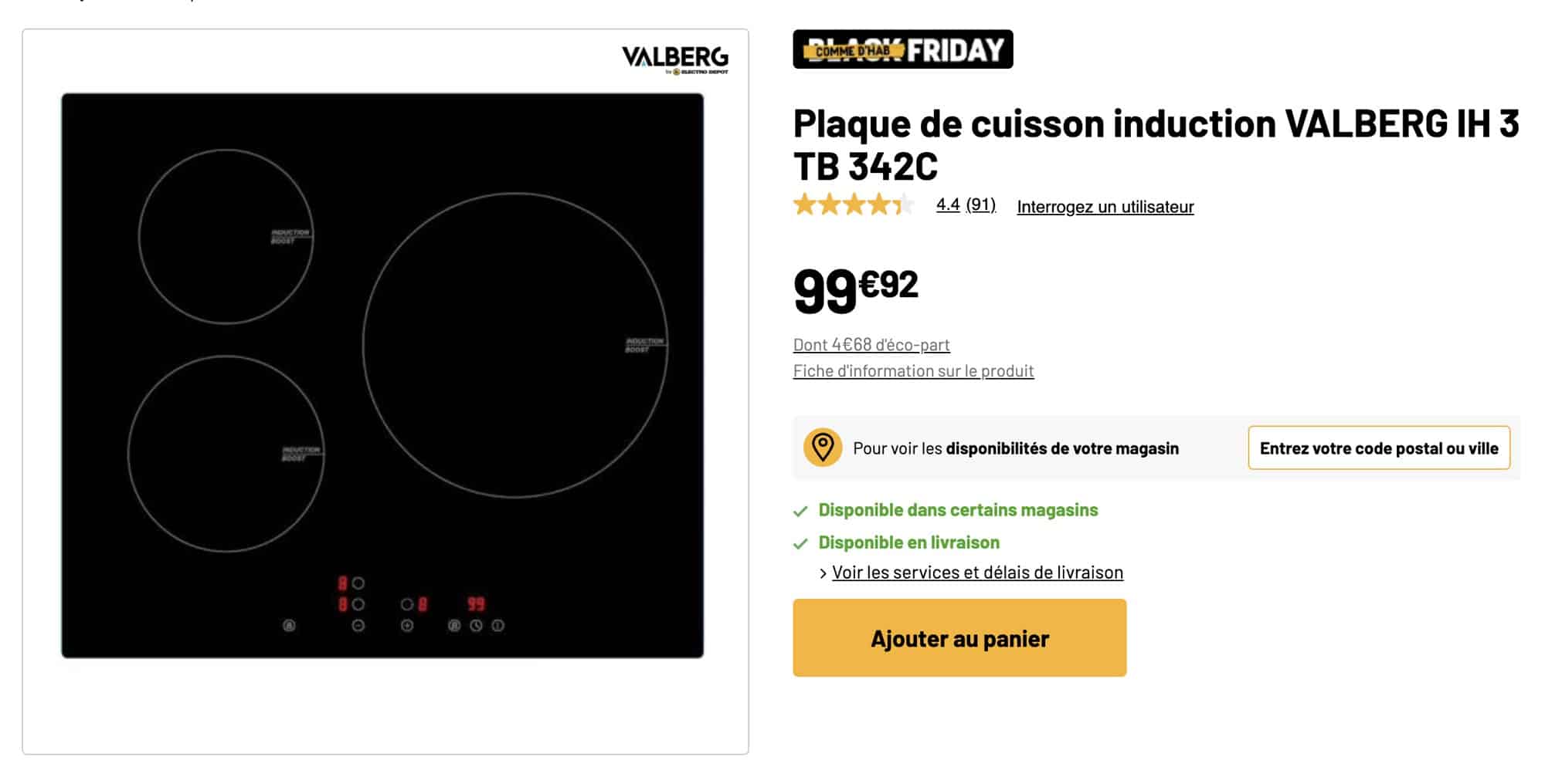 Plaque à induction VALBERG IH 3 TB 342C affichée à 99,92 € sur le site d’Electro Dépôt