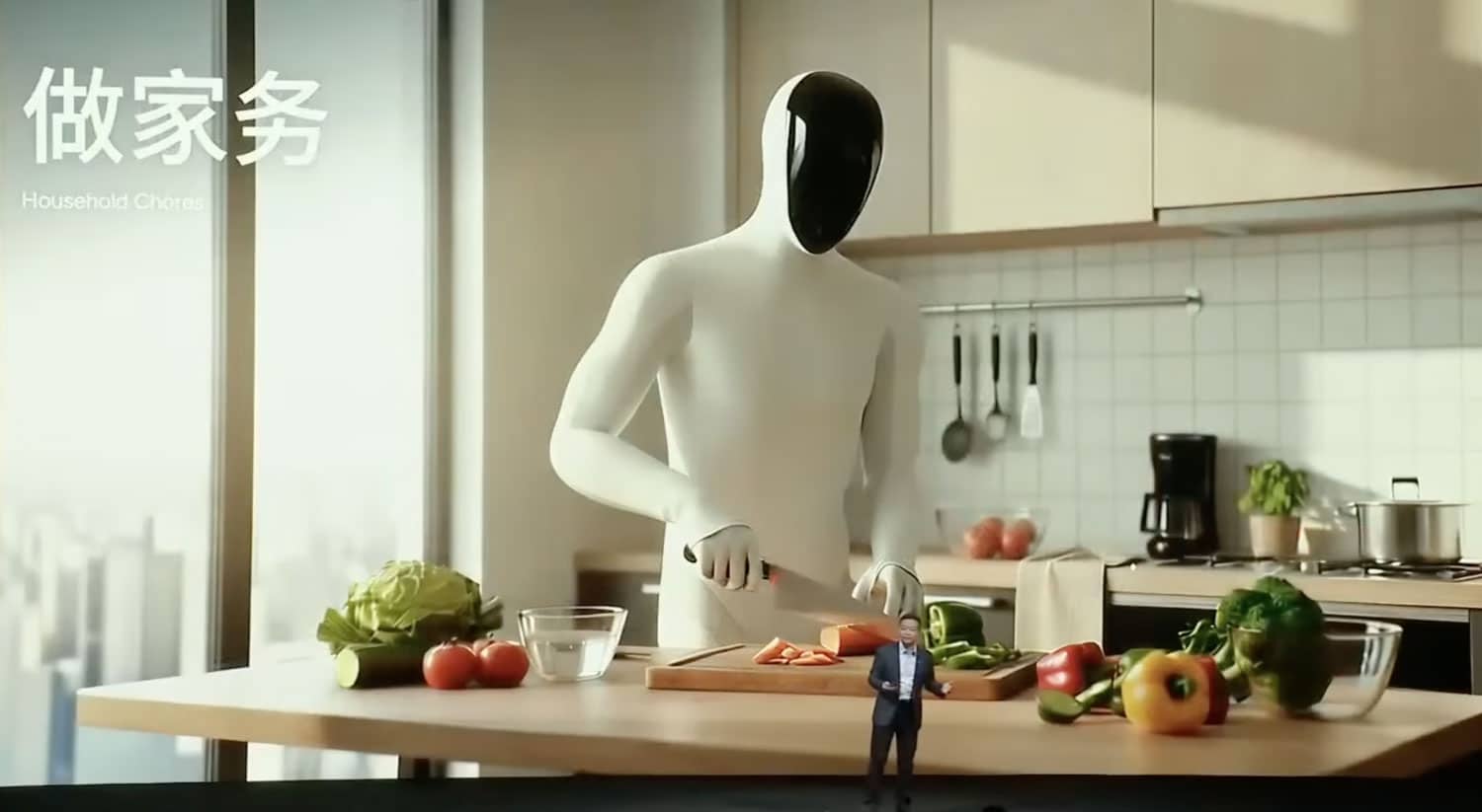 Robot humanoïde XPeng IRON cuisinant dans une cuisine domestique