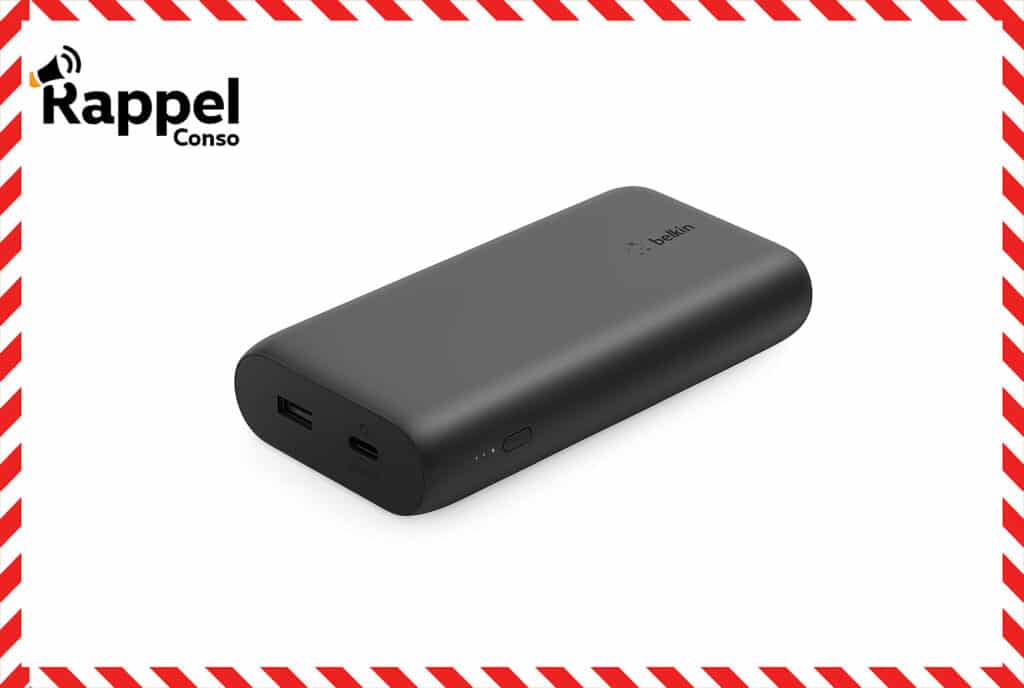 Belkin rappelle sa batterie externe BoostCharge 20K, visuel de la batterie entourée du cadre de sécurité Rappel Conso