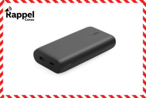 Belkin rappelle sa batterie externe BoostCharge 20K, visuel de la batterie entourée du cadre de sécurité Rappel Conso