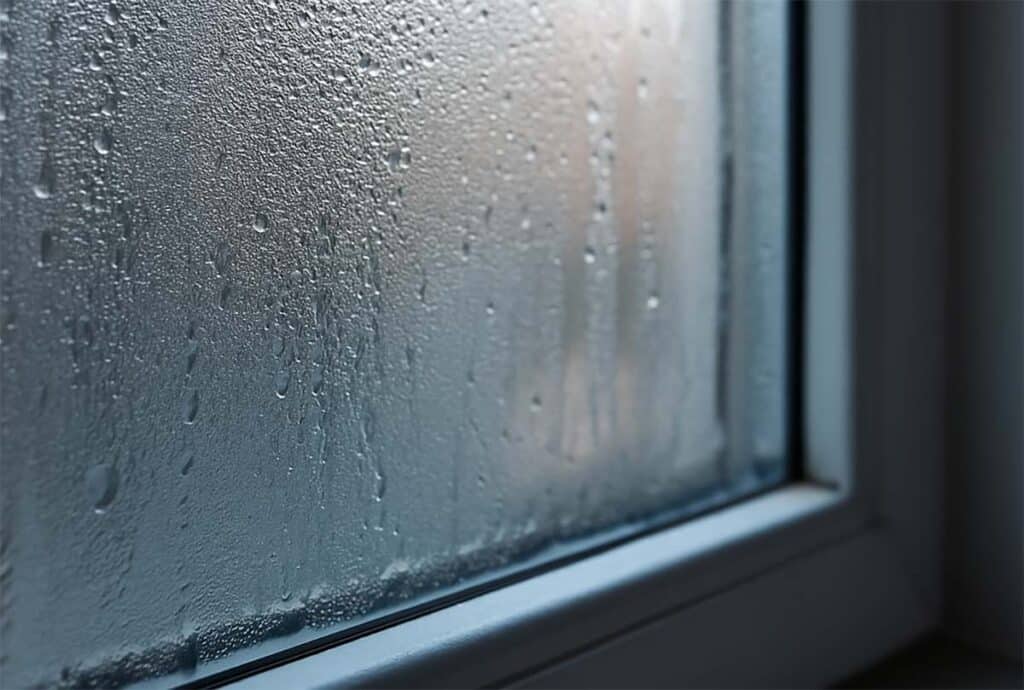 Buée et gouttelettes de condensation sur une vitre en hiver