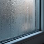 Buée et gouttelettes de condensation sur une vitre en hiver
