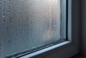 Buée et gouttelettes de condensation sur une vitre en hiver