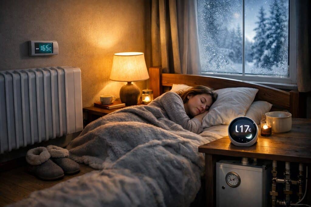 Chambre chauffée modérément la nuit avec un radiateur électrique et un thermostat réglé autour de 17 °C en hiver