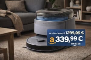 Aspirateur robot Lefant avec station automatique dans un salon, en promotion à 339,99 € chez Amazon