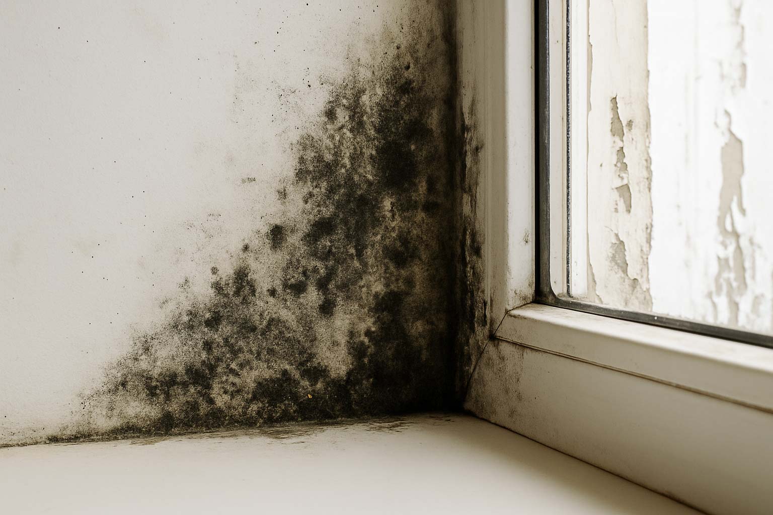 Moisissure noire développée dans l’angle d’un mur intérieur, près d’une fenêtre, avec traces d’humidité visibles.