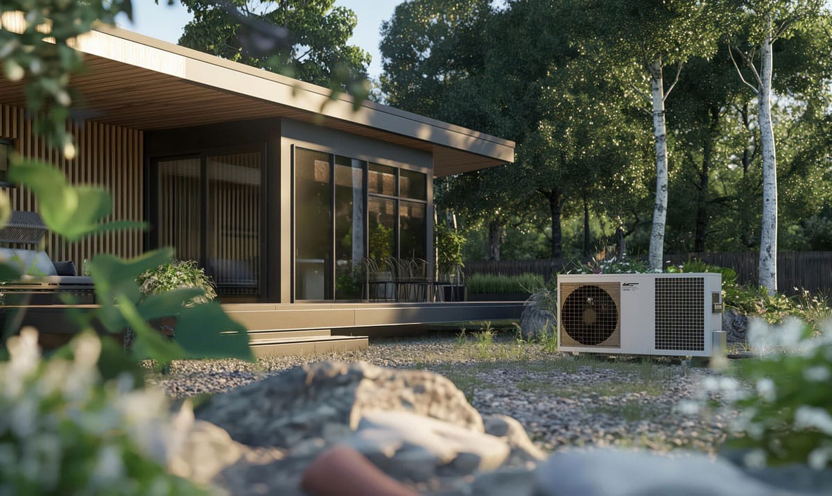 Pompe à chaleur moderne installée devant une maison individuelle, symbole de l'électrification des usages pour le chauffage résidentiel selon RTE.