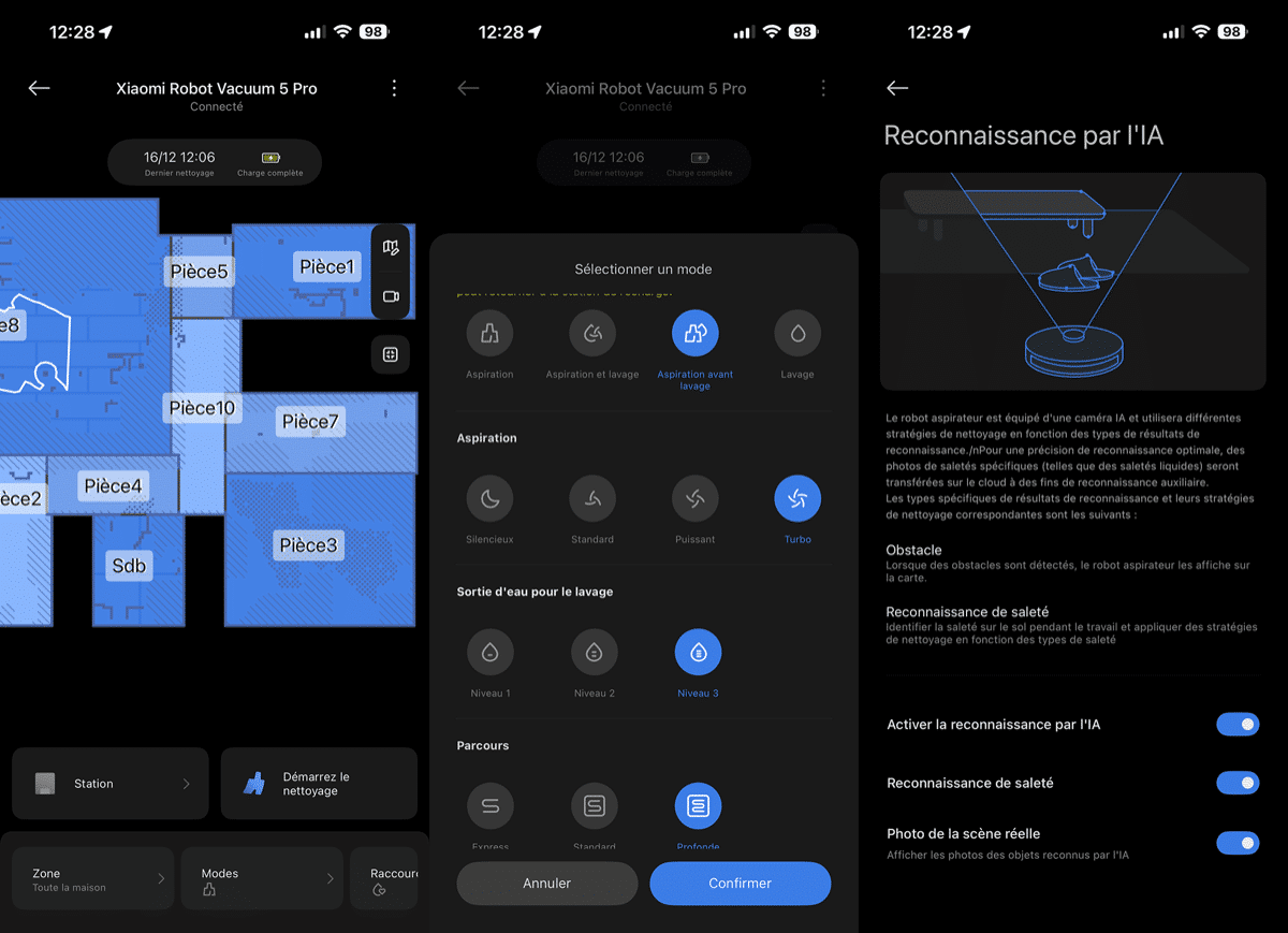 Interface de l’application Xiaomi Home montrant la cartographie, le plan des pièces et les réglages du Robot Vacuum 5 Pro