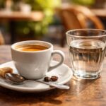 Expresso servi avec un verre d’eau sur une terrasse de café