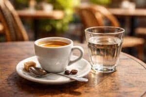 Expresso servi avec un verre d’eau sur une terrasse de café