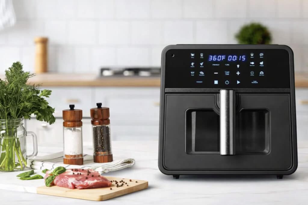 Airfryer Emerson SmartVoice contrôlé à la voix sans Wi‑Fi, illustrant une alternative aux appareils de cuisine connectés au cloud