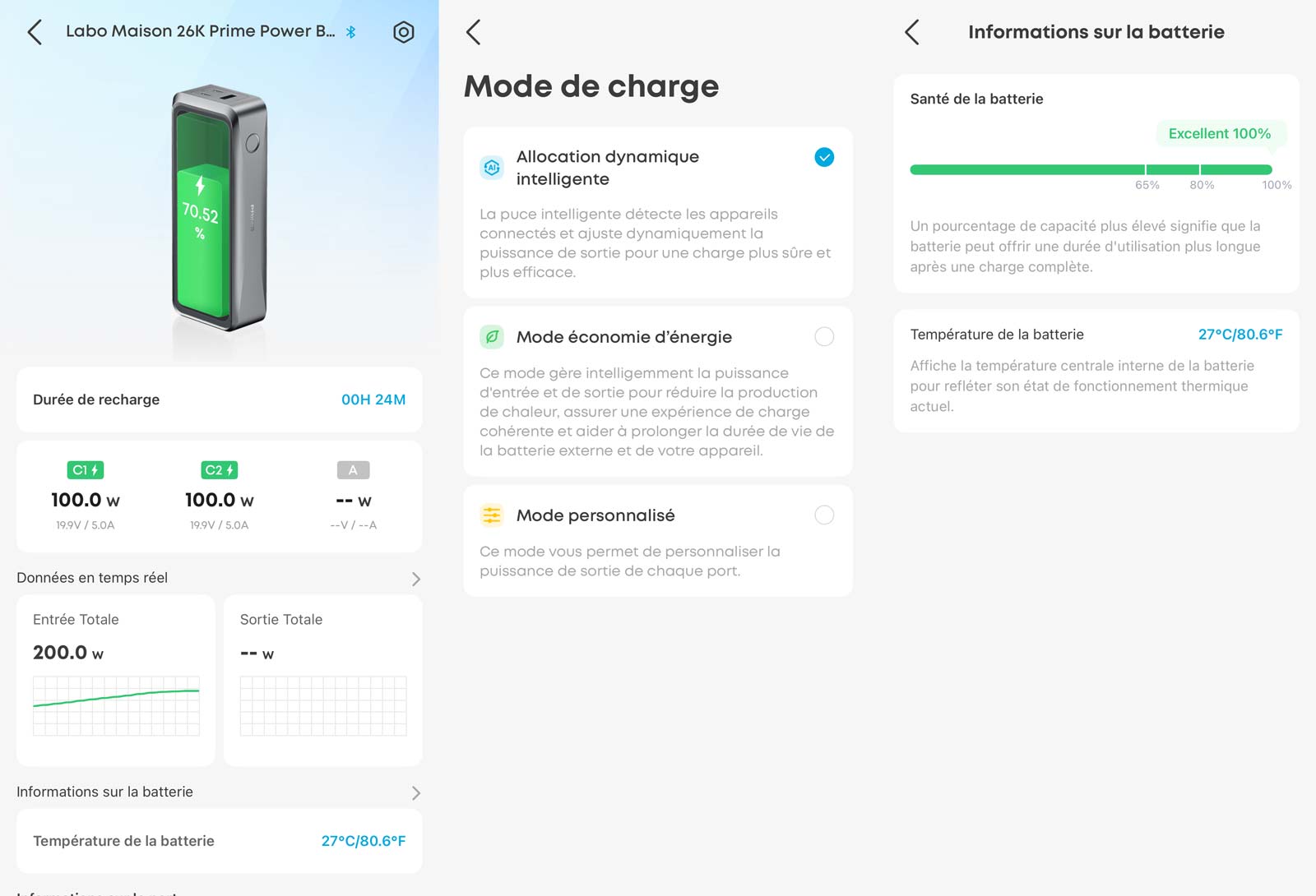 Application Anker affichant le suivi de la batterie Prime 26K 300W avec puissance, modes de charge et état de santé