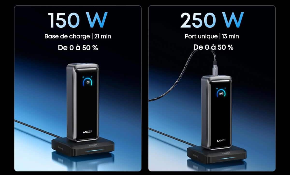 Batterie externe Anker Prime 26K posée sur sa base de recharge haute puissance pour une remise à niveau rapide.