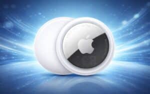 AirTag Apple 2026 mis en avant sur fond graphique, nouvelle génération du traqueur Bluetooth avec portée étendue