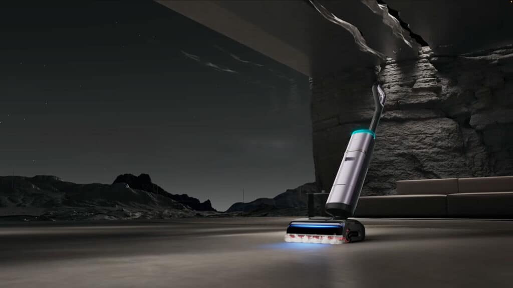 Aspirateur laveur Dreame H16 Pro Steam en utilisation sur un sol dur, avec sa tête vapeur et son design haut de gamme.