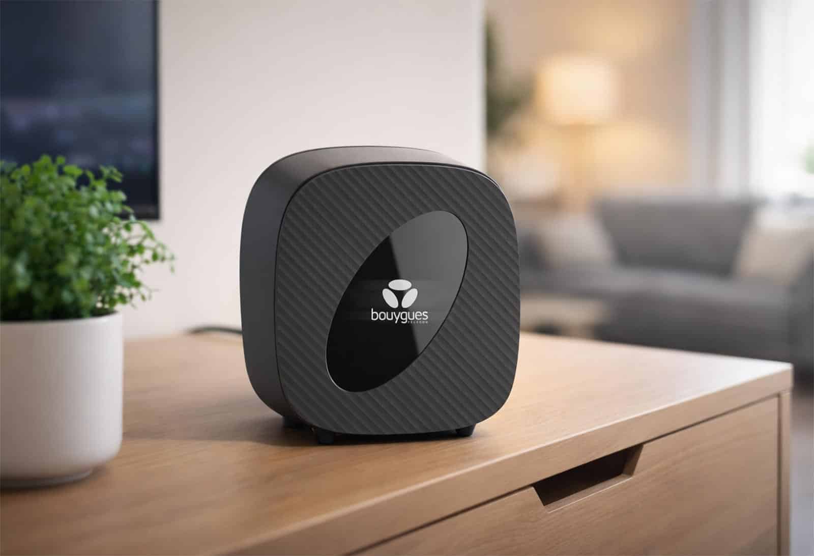 Box Bouygues B&You Pure Fibre WiFi 7 posée sur un meuble de salon